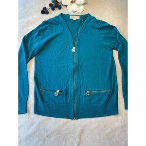 Michael Michael Kors Teal Zip-Up Cardigan With Gold Accents & Pockets M Classic
